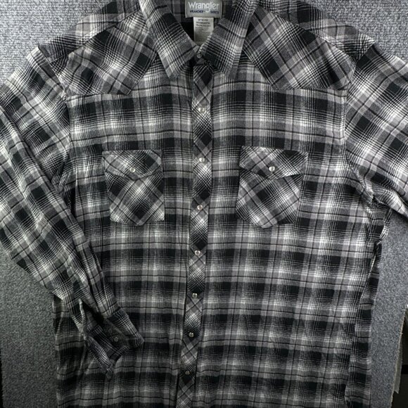Wrangler Pearl Snap Flannel Shirt Long Sleeve Black Plaid 2XT Tall Cotton Adult - Picture 2 of 13